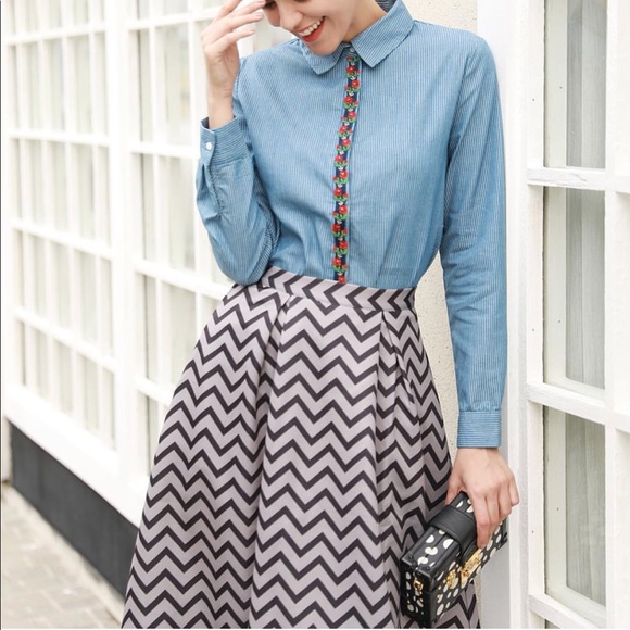 High Waist Chevron Zig Zag Pattern Full Midi Skirt - Picture 2 of 6